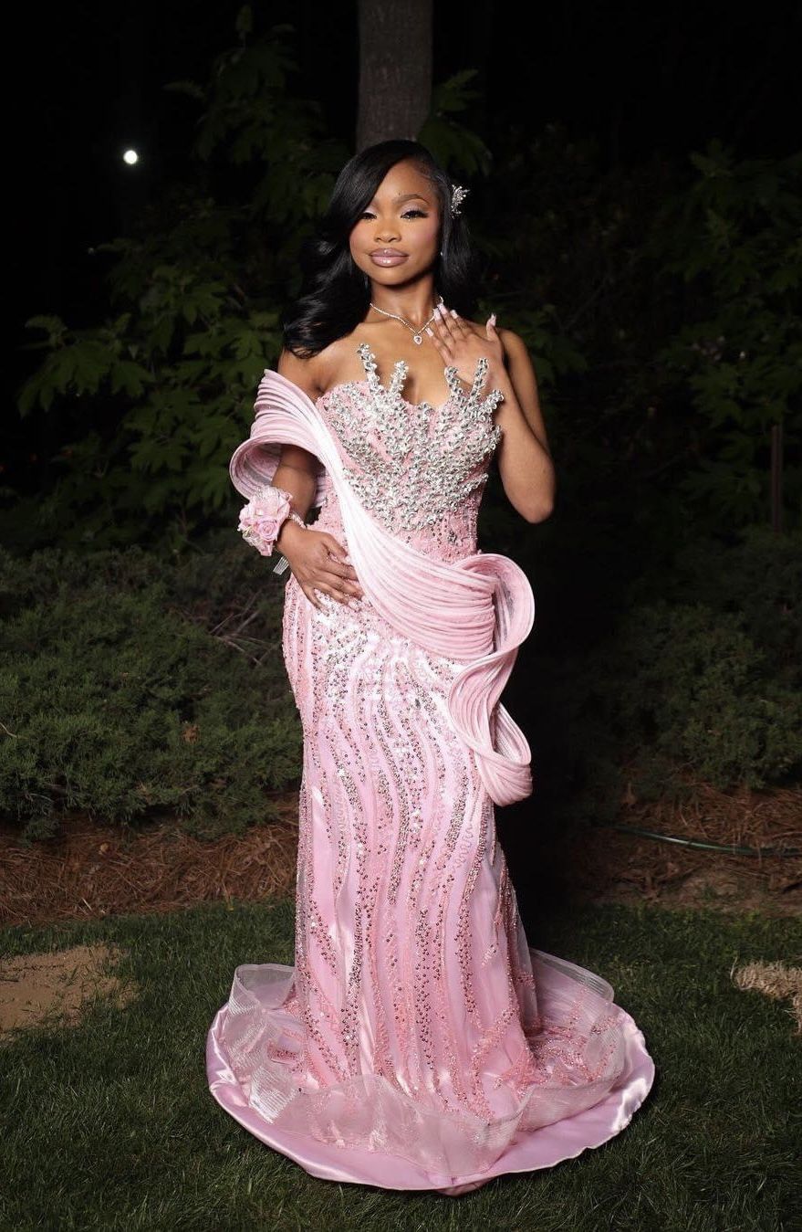 Robe de bal longue sirène rose à sequins, décolleté en cœur, élégante pour jeunes filles noires. Tenue de soirée, mariage, anniversaire (N456)