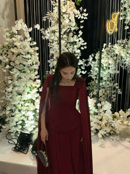 Elegantes, burgunderrotes Chiffonkleid in A-Linie mit eckigem Ausschnitt und Ärmeln, lang, formell, elegant, für Abschlussball, Abendveranstaltung, Dinnerpartys, AB2028