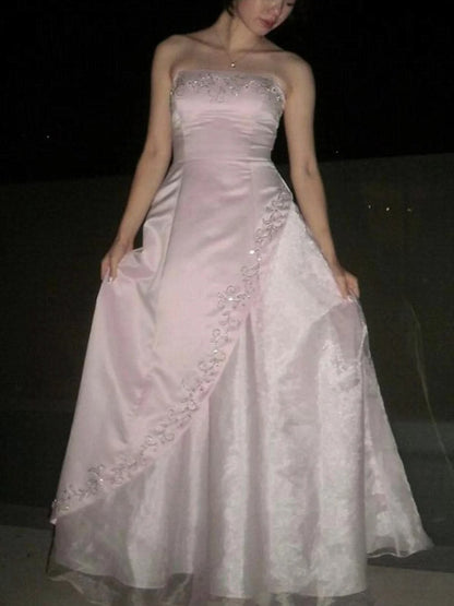 Robe de bal vintage rose clair sans bretelles, coupe trapèze, ornée de broderies, tenue de soirée formelle N536