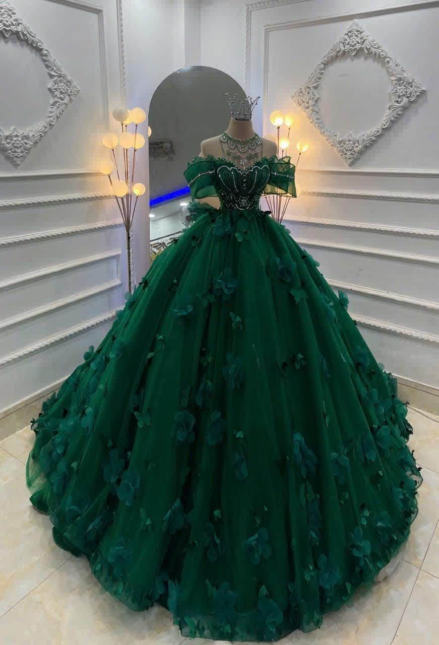 Robe de bal sobre à épaules dénudées en tulle vert foncé, longue, pour quinceañera, tenue d'anniversaire pour les 15 ou 16 ans (N454)