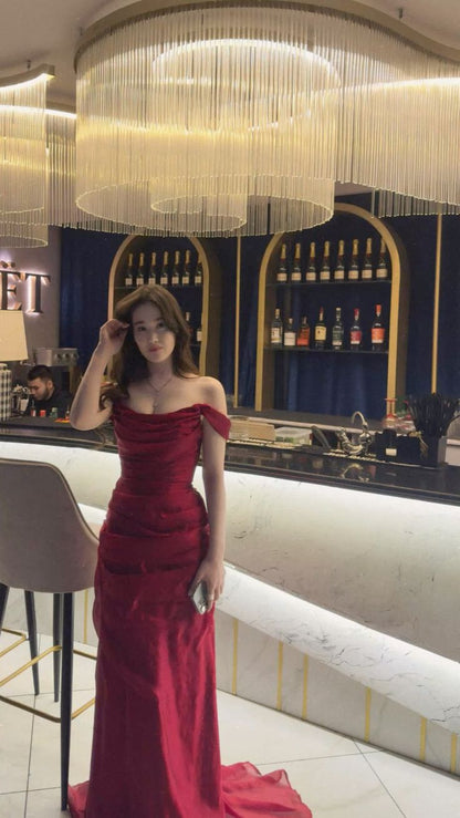 Robe de bal longue sirène sexy en satin rouge à épaules dénudées et perles, idéale pour les adolescentes, les fêtes et les anniversaires (N414)