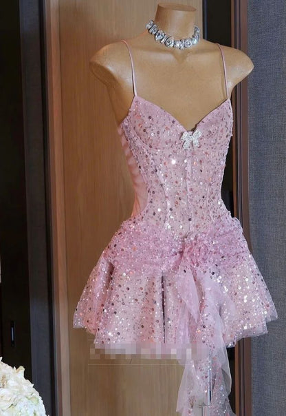 Robe rose à fines bretelles pour 16e anniversaire, paillettes et sequins, coupe trapèze, robes de bal de rentrée N4737