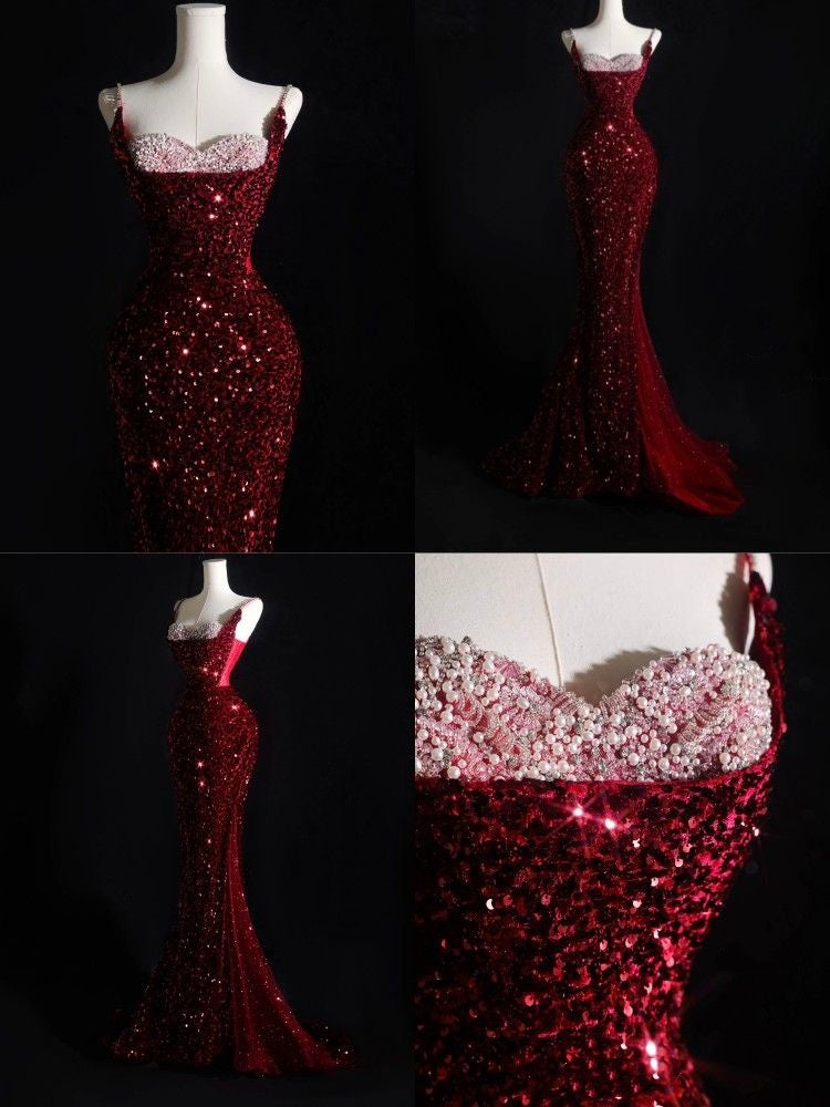 Glitzerndes Meerjungfrauen-Kleid mit Spaghettiträgern, Pailletten, burgunderrot, lang, formell, elegant, für Abschlussball, Abendveranstaltung, Dinnerparty, AB2047