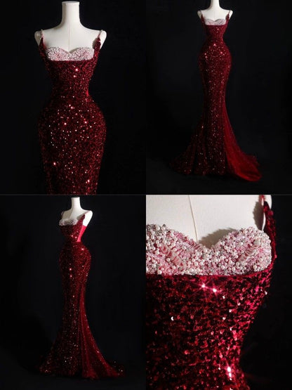 Glitzerndes Meerjungfrauen-Kleid mit Spaghettiträgern, Pailletten, burgunderrot, lang, formell, elegant, für Abschlussball, Abendveranstaltung, Dinnerparty, AB2047