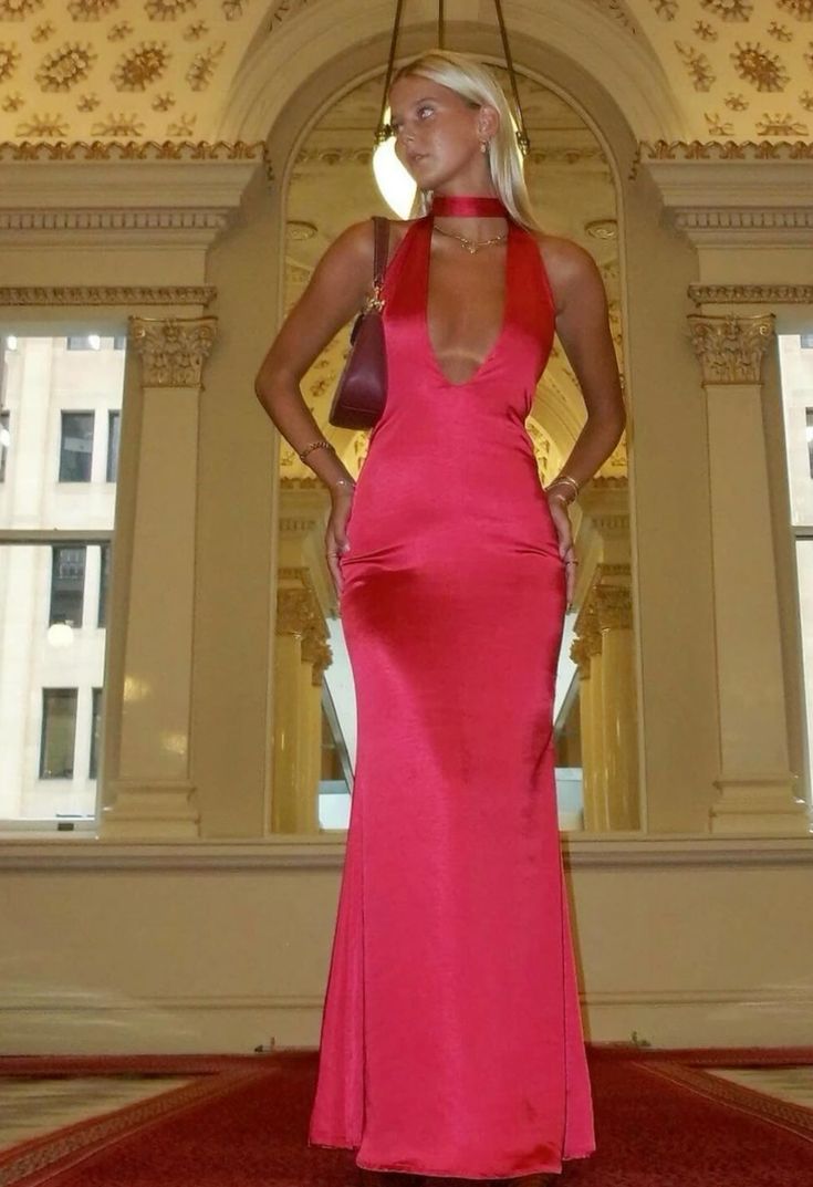 Robe de bal longue en satin rose fuchsia, style sirène, dos nu, N458