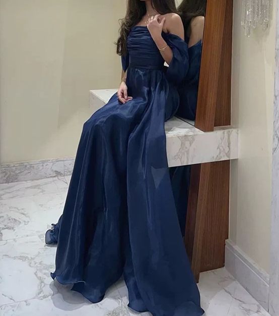 Robe de soirée longue en organza bleu marine, coupe trapèze, AB696