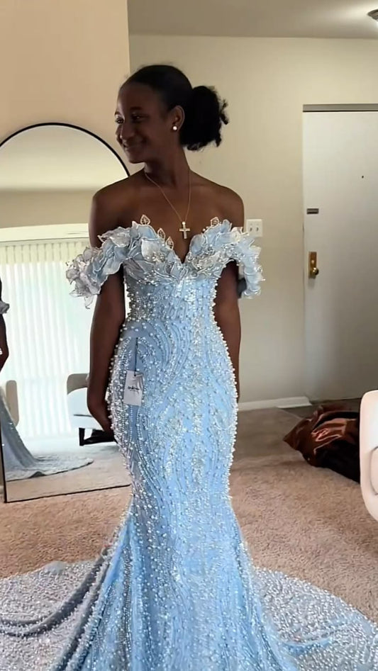 Sexy Mermaid Off The Shoulder Blue Sequin Long Prom Dress Inspiration Party For Black Couples Teens Girls Formal Gown RB8694