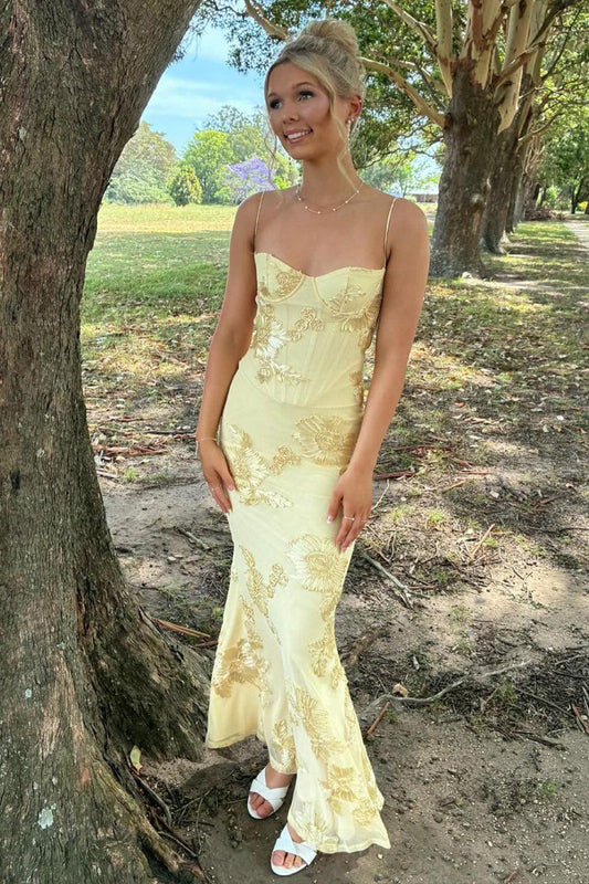 Robe de bal longue à bretelles spaghetti et imprimé floral, style fourreau, sexy et idéale pour les soirées entre adolescentes (AB2233)