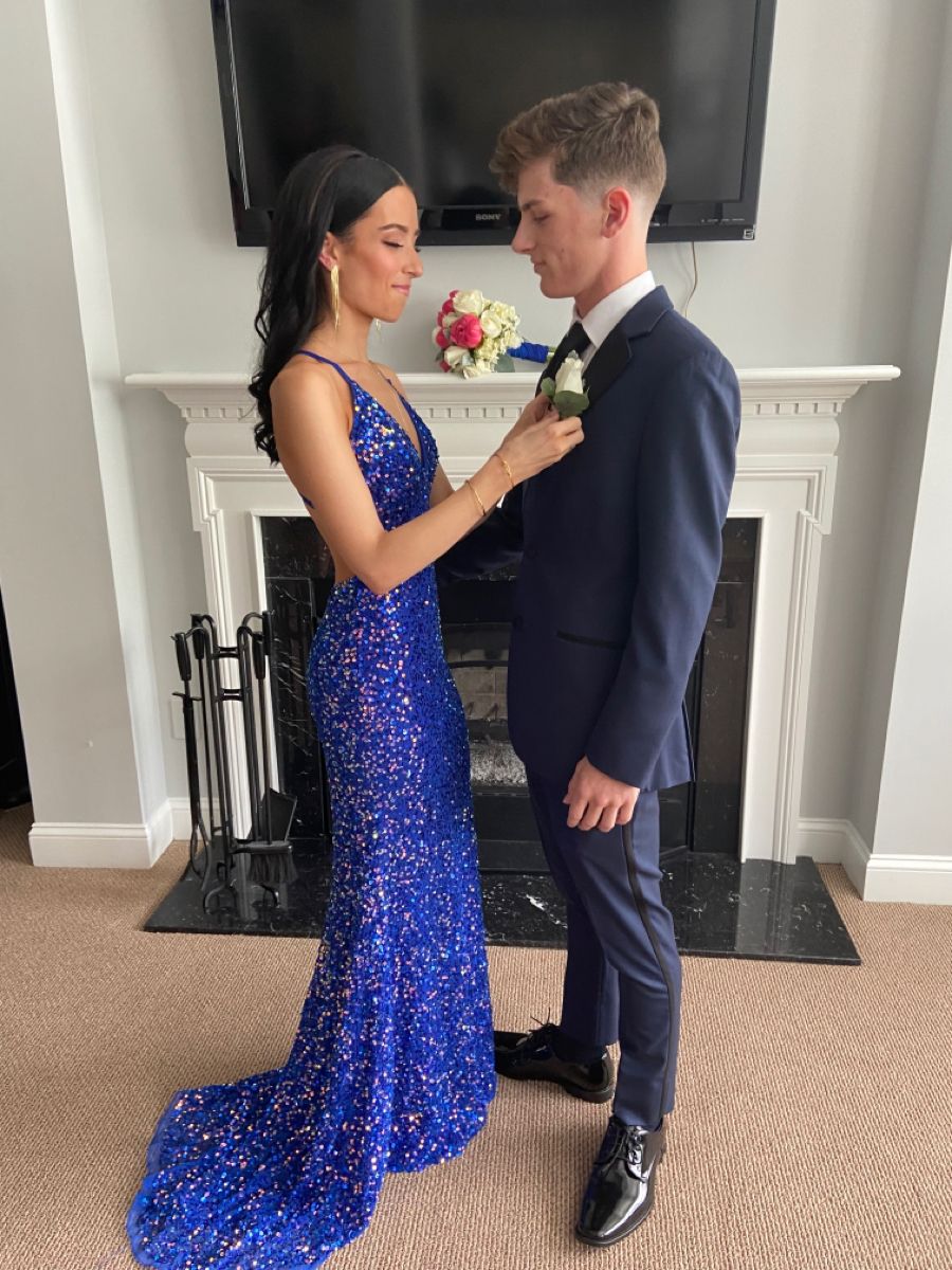 Robe de soirée sirène à fines bretelles, sequins bleu roi, dos nu, N704