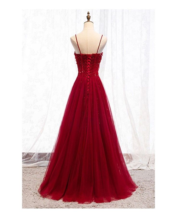 Robe de bal longue rouge foncé à bretelles et perles, décolleté cœur, robe de bal junior AB703