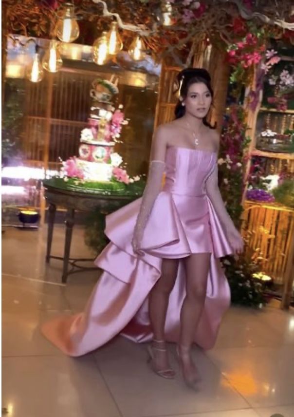 Chic Sheath High Low Strapless Pink Satin With Gloves Prom Dresses Sleeveless Formal Dresses N709