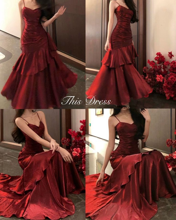 Robe de soirée sirène bordeaux à fines bretelles et volants plissés, modèle N708