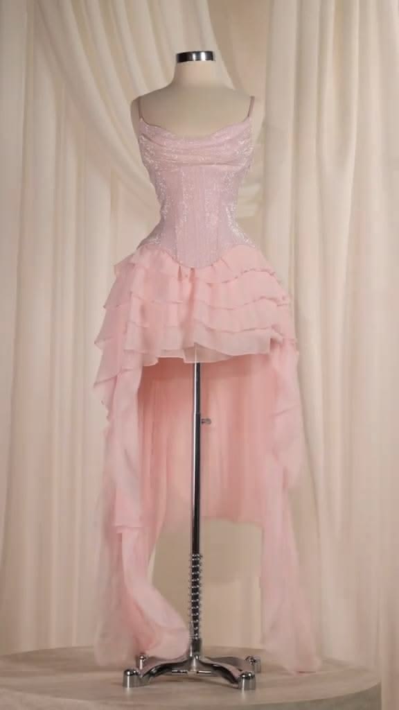 Cute High Low Spaghetti Straps Pink Chiffon Inspo Hoco Dress Homecoming Dresses RB4177