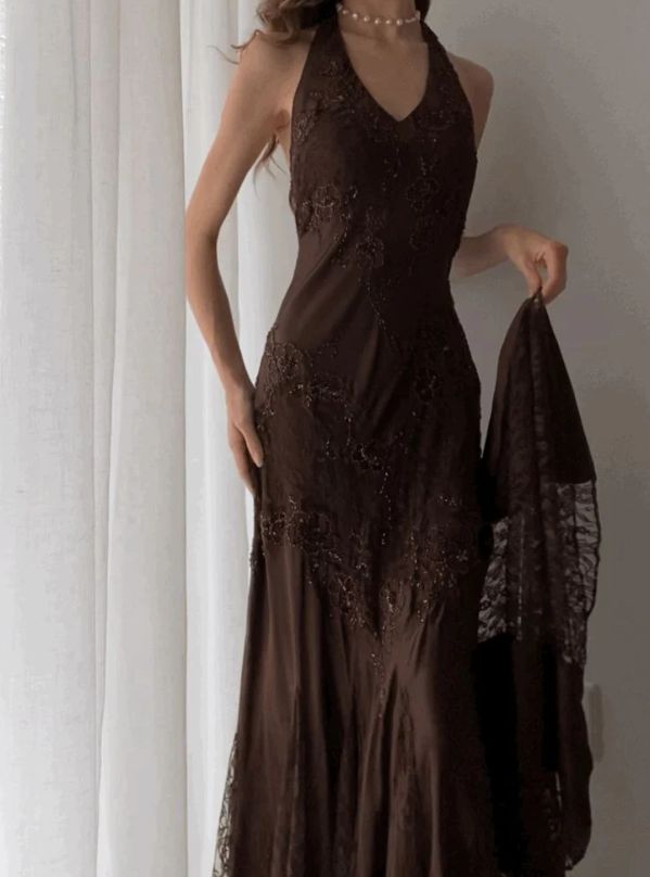 Robe de bal longue vintage en dentelle marron, coupe trapèze, dos nu, AB959