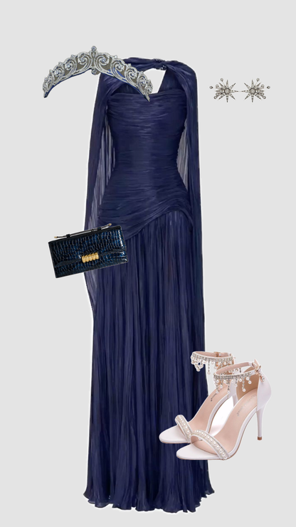 Elegant A line V Neck Navy Blue Tulle With Cape Long Formal Fancy Evening Dress Dinner Outfits Classy Party Gowns AB2022