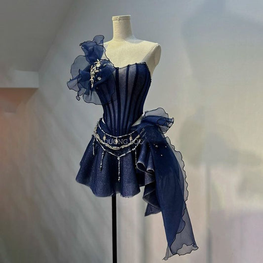 Sparkling Navy Blue Mini Dress Homecoming Dresses 2026 One Shoulder Party Outfit Birthday Cocktail Outfits RB6288
