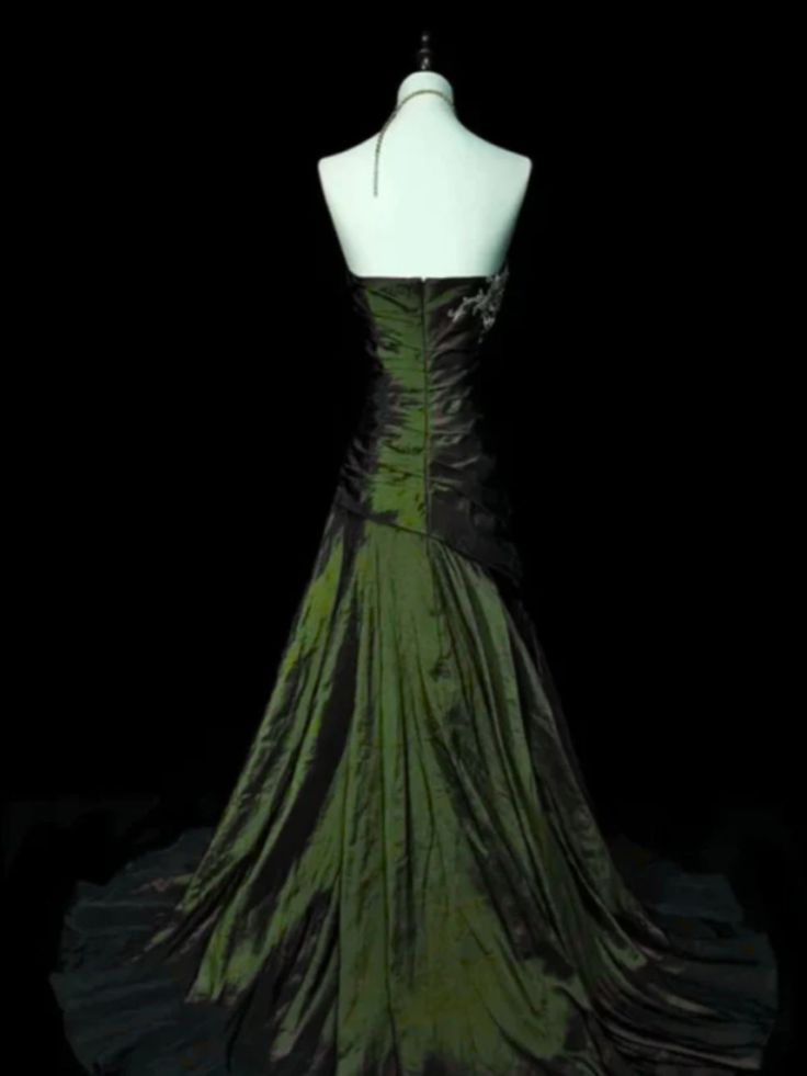 Robe de soirée longue en taffetas vert avec décolleté cœur et dentelle, robe de bal en taffetas vert N1780