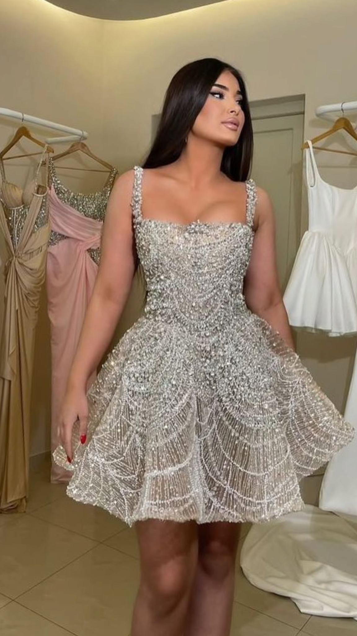 Sexy Ball Gown Spaghetti Strap Champagne Sequin Short Mini Party Dress Cocktail Homecoming Dresses N4233