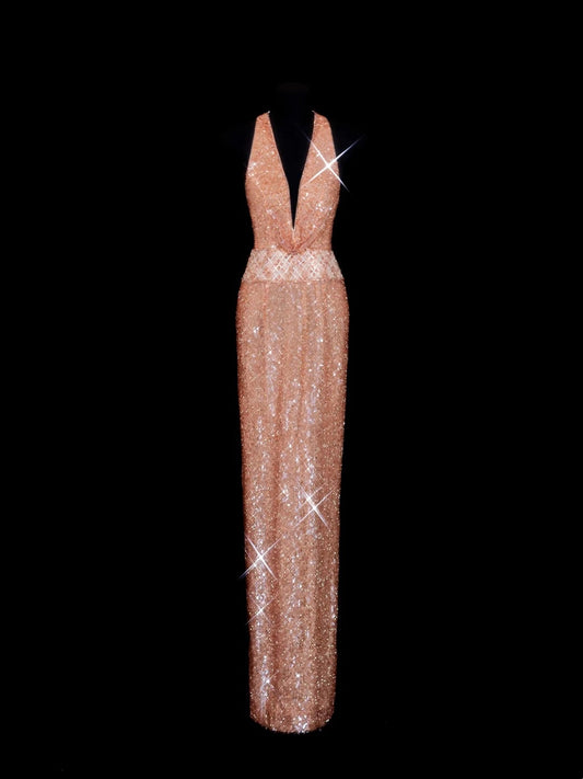 Glitzernde Abiballkleider Scheide V-Ausschnitt Pailletten mit Perlen Abend Langes Ballkleid RB3256