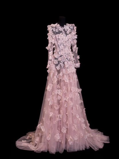 Elegante Ballkleider A-Linie Scoop Pink mit langen Ärmeln Blumen Formelle Abendgarderobe N3790