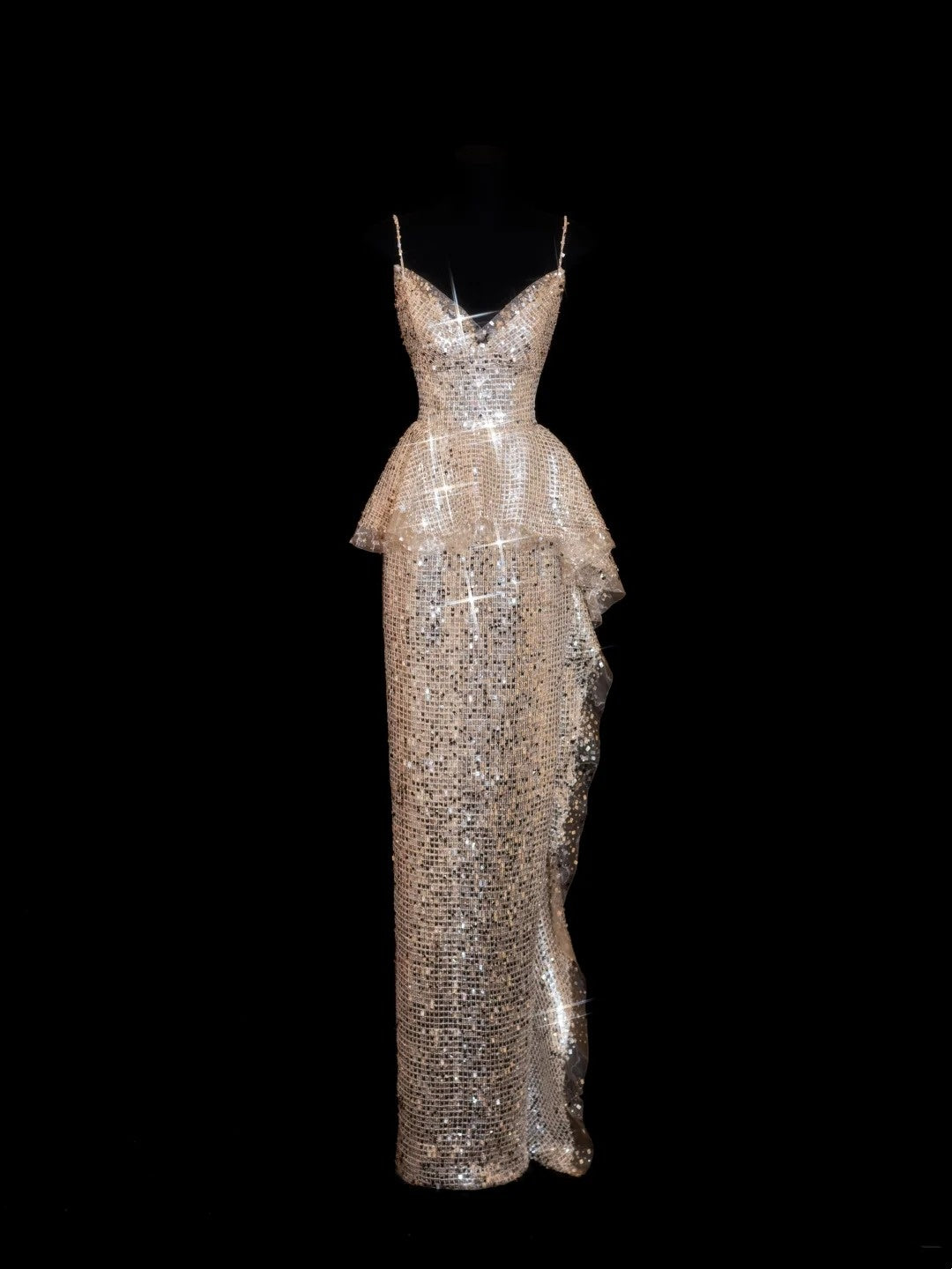 Robe de bal longue sirène à sequins scintillants et bretelles spaghetti couleur champagne - Inspiration robe de soirée formelle N144