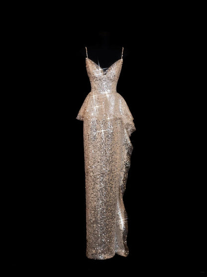 Robe de bal longue sirène à sequins scintillants et bretelles spaghetti couleur champagne - Inspiration robe de soirée formelle N144