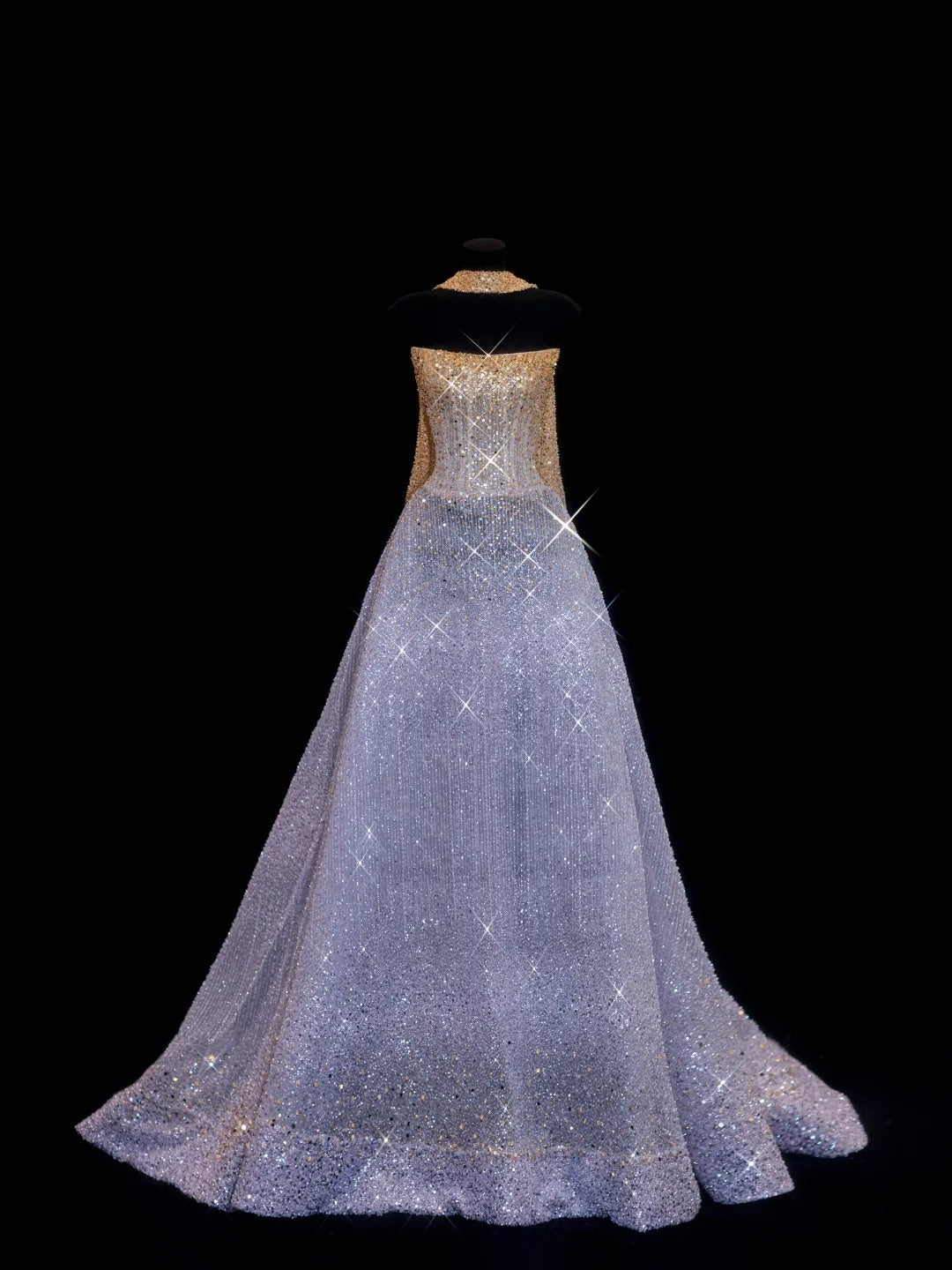 Robe de bal longue N143, bustier lilas scintillant, foulard orné de perles dorées, inspiration robe de soirée formelle