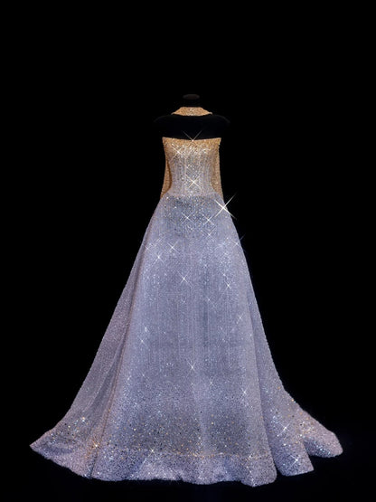 Robe de bal longue N143, bustier lilas scintillant, foulard orné de perles dorées, inspiration robe de soirée formelle