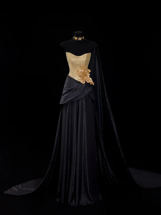 Vintage A-Linie Sweetheart Schwarz mit Gold Pailletten Langes Ballkleid Partykleid Geburtstagsoutfit Abschlusskleid N2839