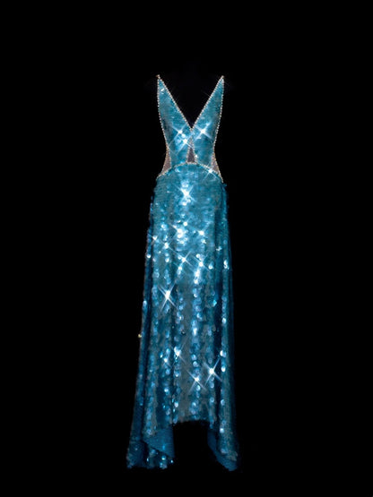 Glitzerndes A-Linien-Abendkleid mit V-Ausschnitt in Blau mit Pailletten, lange Ballkleider, formelle Outfits RB3934
