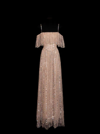 Robe de bal longue champagne à paillettes scintillantes, coupe trapèze, bretelles spaghetti, inspiration robe de soirée formelle N145