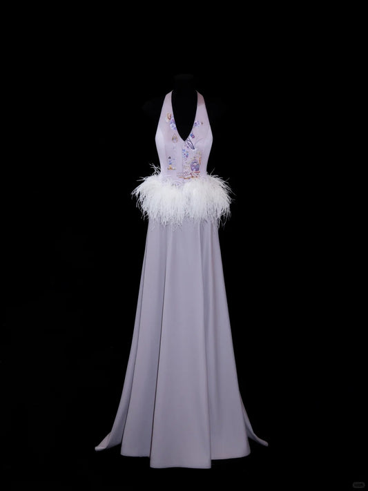 Classy A line Halter Lilac Satin With Feathers Prom Dresses Long Evening Party Formal Outfits RB6650