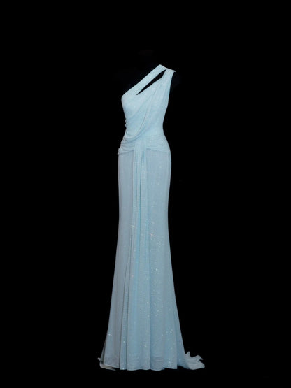 Glitzerndes, schulterfreies, langes Paillettenkleid in Hellblau – perfekt für Partys, Abschlussbälle und Hochzeiten (Modell N908)