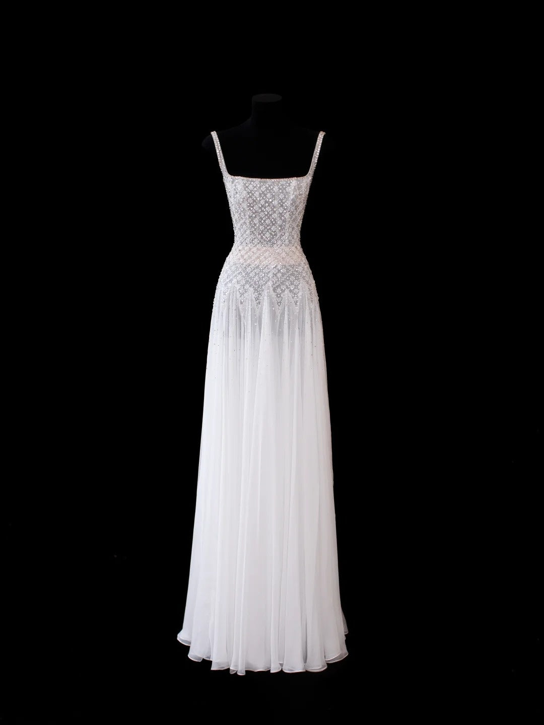 Robe de soirée longue en mousseline blanche coupe trapèze à col carré et paillettes, Robe de bal Tenues de cérémonie RB3933