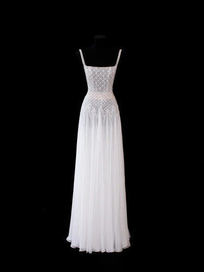 Robe de soirée longue en mousseline blanche coupe trapèze à col carré et paillettes, Robe de bal Tenues de cérémonie RB3933