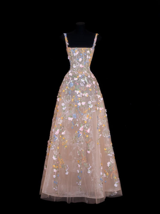 Princess Ball Gown Square Neck Floral Lace 18th Birthday Dress Sleeveless Evening Prom Formal Dresses RB3255