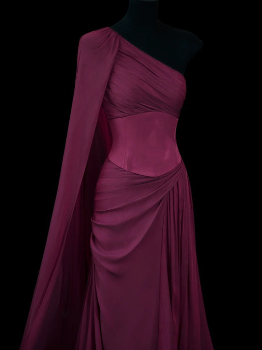Elegantes, schulterfreies, langes Chiffon-Etui-Kleid in Traubenfarbe – perfekt für Partys, Abschlussbälle und Hochzeiten (Modell N909)