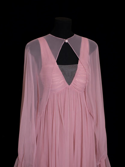 Robe de bal longue rose en mousseline plissée à volants, coupe trapèze, col V, style chic, inspiration robe de soirée formelle N148