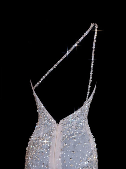 Robe de bal longue blanche à paillettes scintillantes, asymétrique, fourreau, inspiration robe de soirée formelle N146