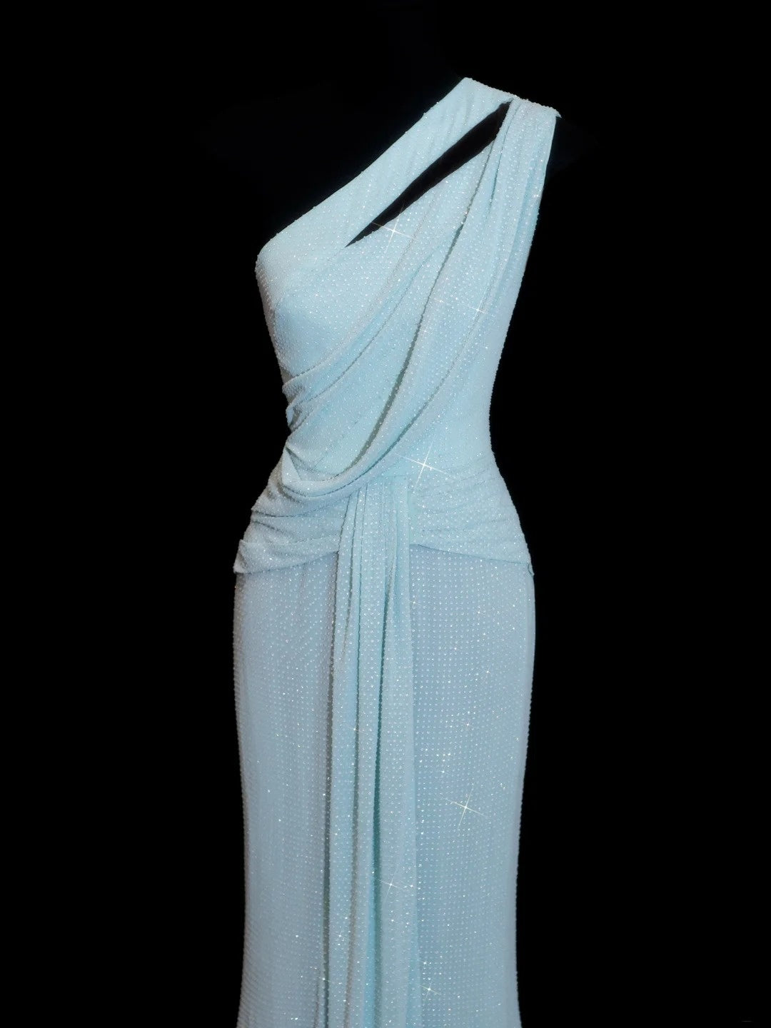 Glitzerndes, schulterfreies, langes Paillettenkleid in Hellblau – perfekt für Partys, Abschlussbälle und Hochzeiten (Modell N908)
