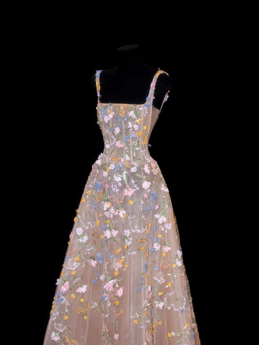 Princess Ball Gown Square Neck Floral Lace 18th Birthday Dress Sleeveless Evening Prom Formal Dresses RB3255