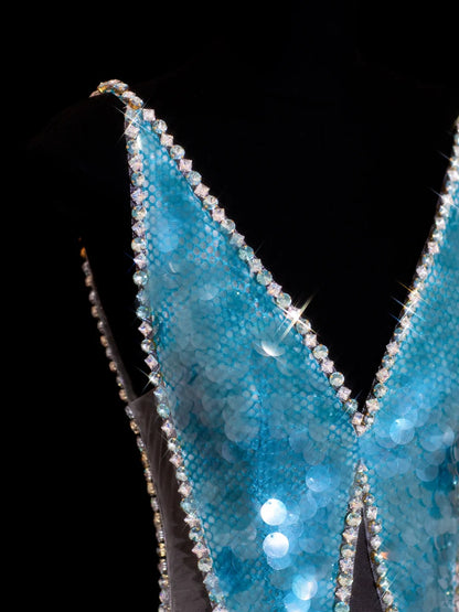 Glitzerndes A-Linien-Abendkleid mit V-Ausschnitt in Blau mit Pailletten, lange Ballkleider, formelle Outfits RB3934