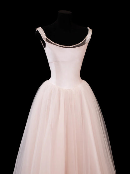 Ballkleid mit eckigem Ausschnitt, rosa Tüll mit Perlenstickerei, Ballkleider, formelle Outfits RB3935