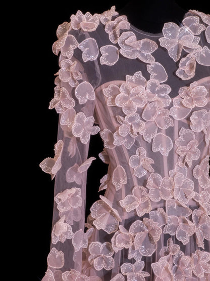 Elegante Ballkleider A-Linie Scoop Pink mit langen Ärmeln Blumen Formelle Abendgarderobe N3790