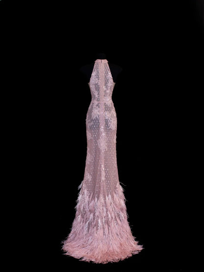 Robe de soirée longue sirène chic en dentelle rose à col montant et applications de plumes, inspiration robe de bal N149