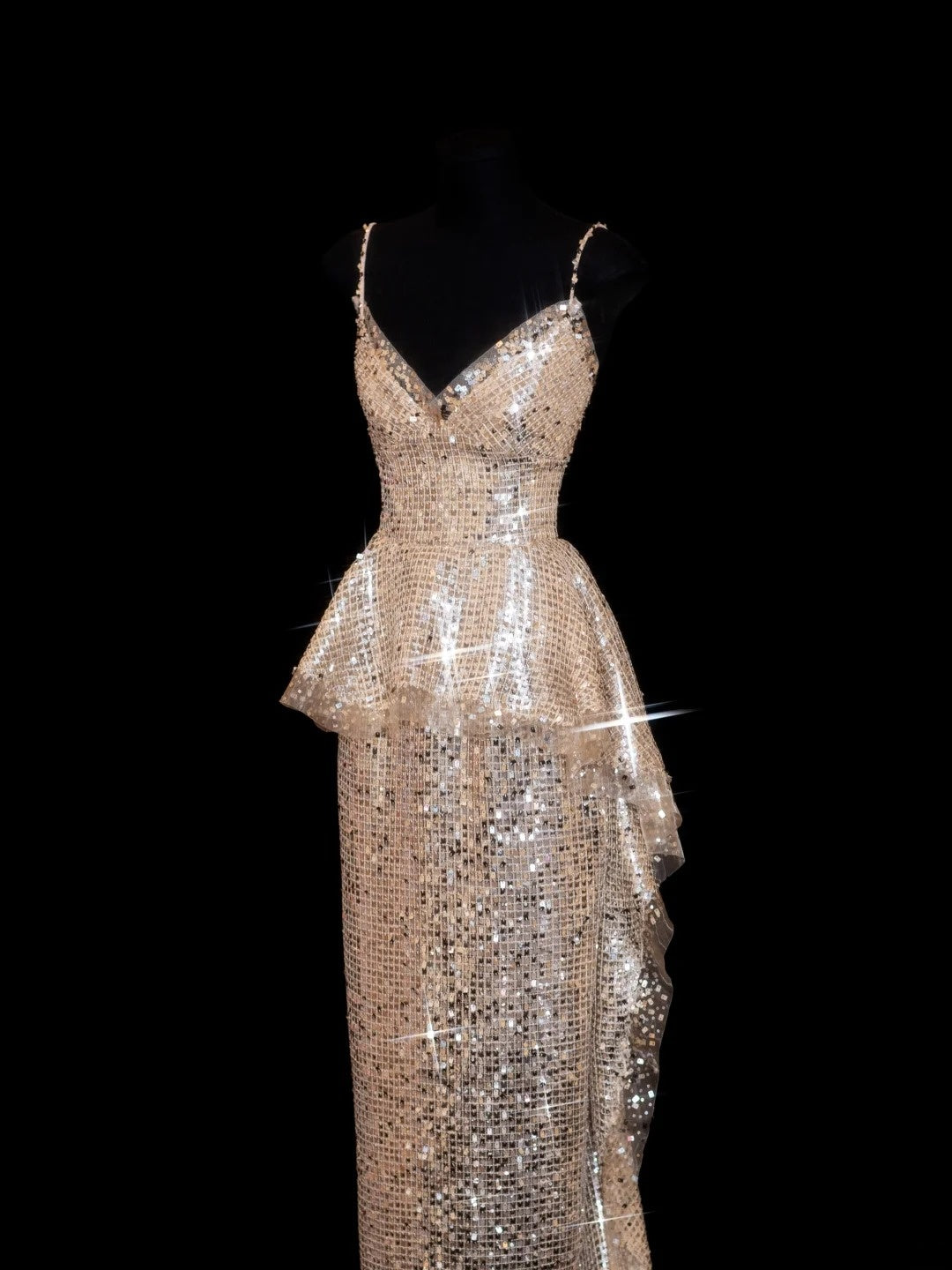 Robe de bal longue sirène à sequins scintillants et bretelles spaghetti couleur champagne - Inspiration robe de soirée formelle N144