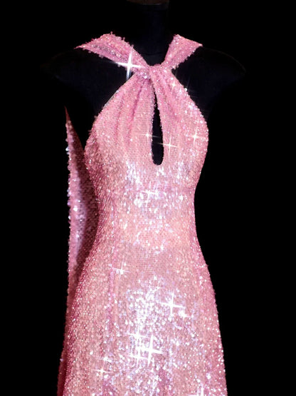 Robe de bal longue rose à paillettes, coupe trapèze, dos nu, inspiration robe de soirée formelle N147
