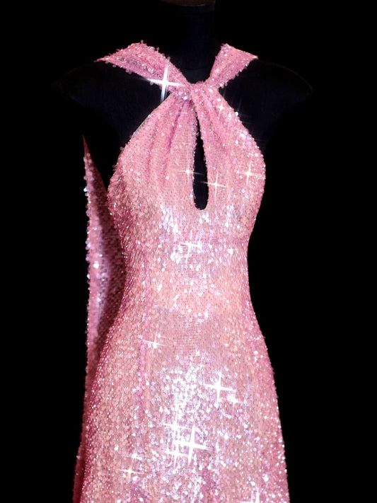 Sparkly Sequin A line Halter Pink Sequined Long Prom Dresses Inspiration Evening Gowns Formal Party Prom Dress N147