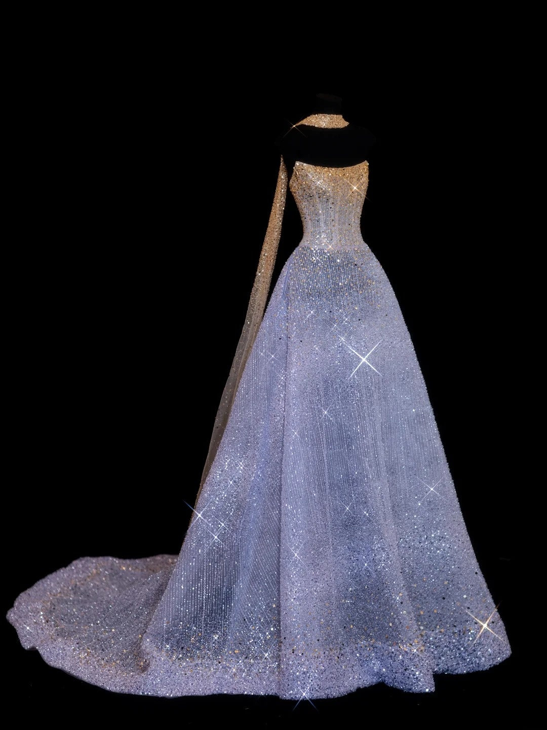 Robe de bal longue N143, bustier lilas scintillant, foulard orné de perles dorées, inspiration robe de soirée formelle