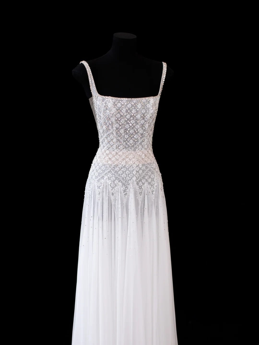 Robe de soirée longue en mousseline blanche coupe trapèze à col carré et paillettes, Robe de bal Tenues de cérémonie RB3933